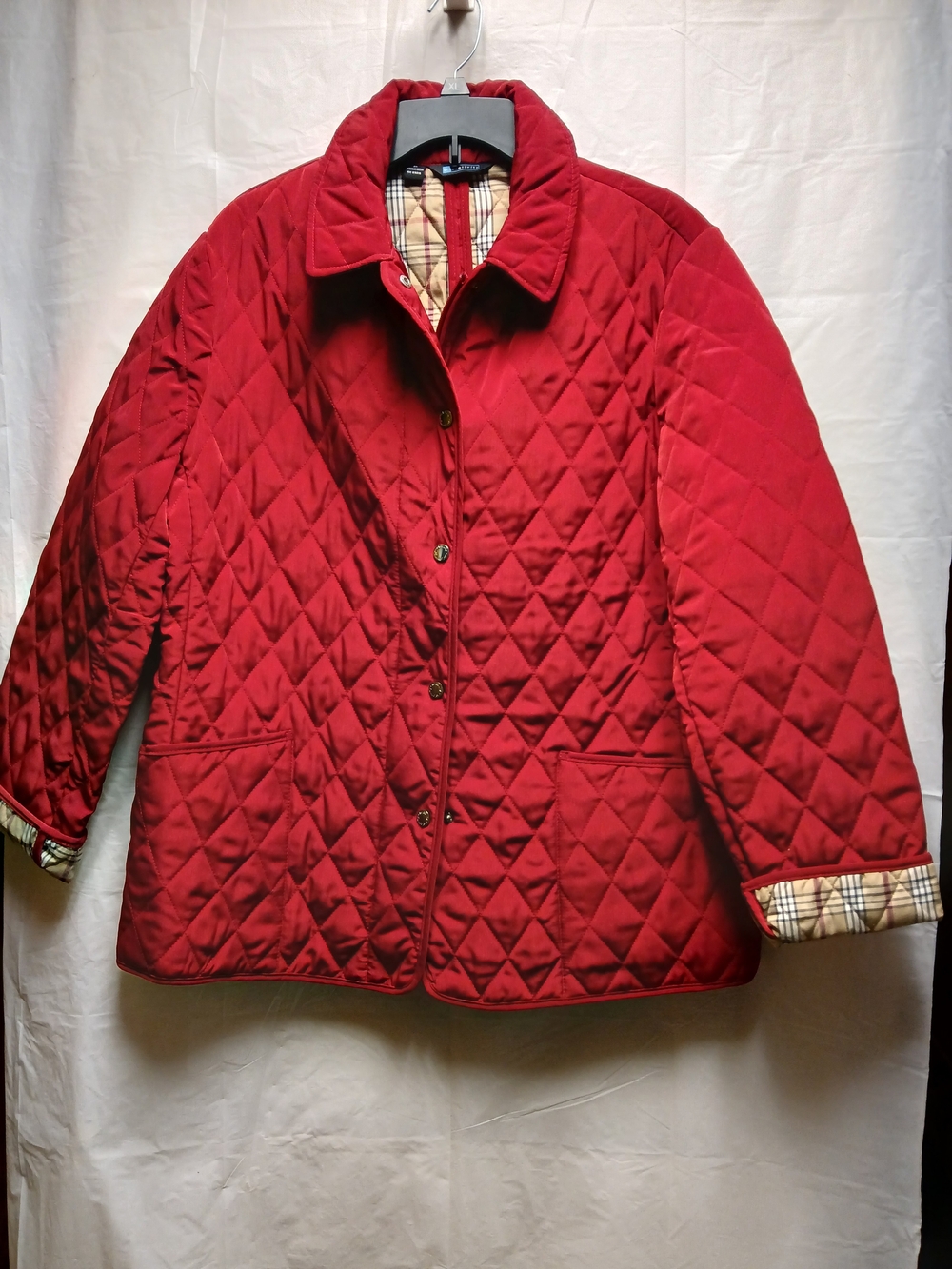 Relativity Quilted Red Puffer Jacket with Plaid Lining